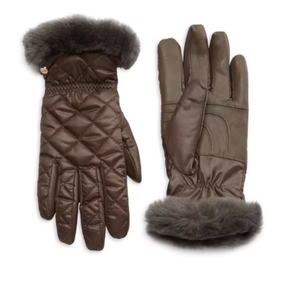 UGG Faux Fur Trim Quilted Gloves Stormy Grey Small Medium Touch Screen New Tags